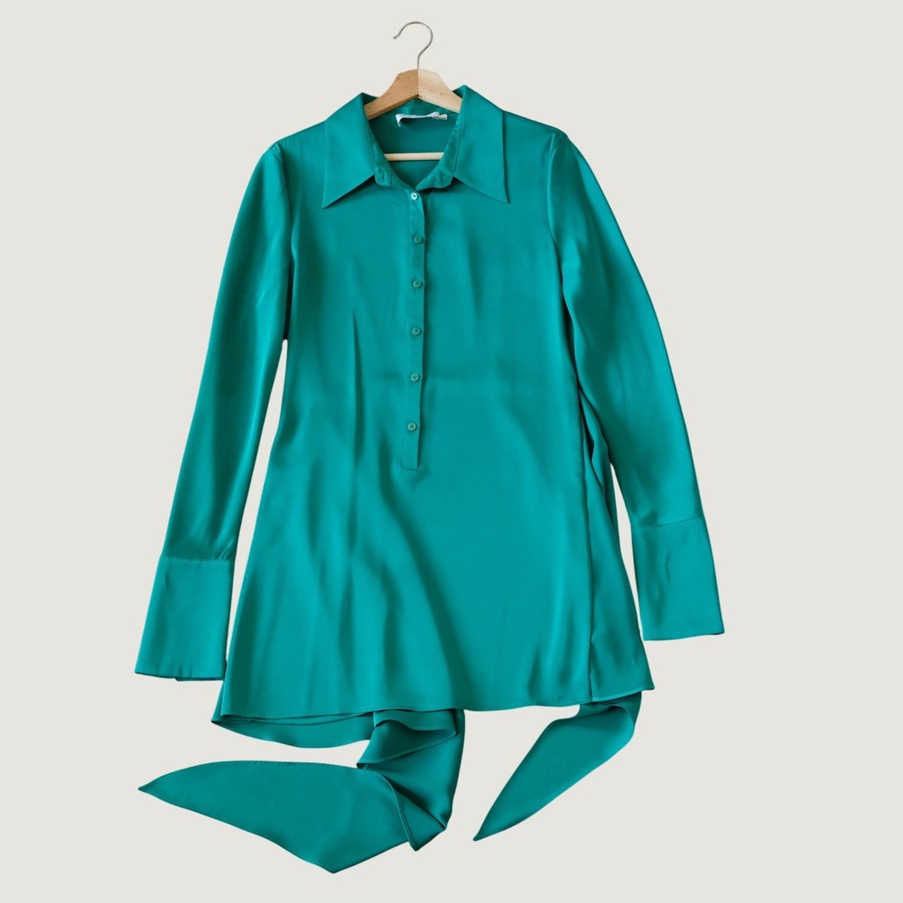 Rat & Boa Shirtdress Tie Hem Emerald Green Long Sleeve Mini S